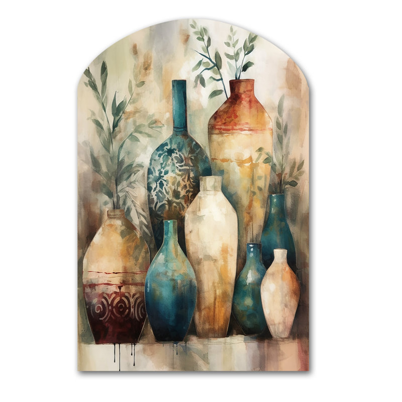 Green And Orange Artisanal Boho Pottery I - Boho Pottery Arch Shape Irregular Metal Wall Decor, 43" H x 33" W x 1" D