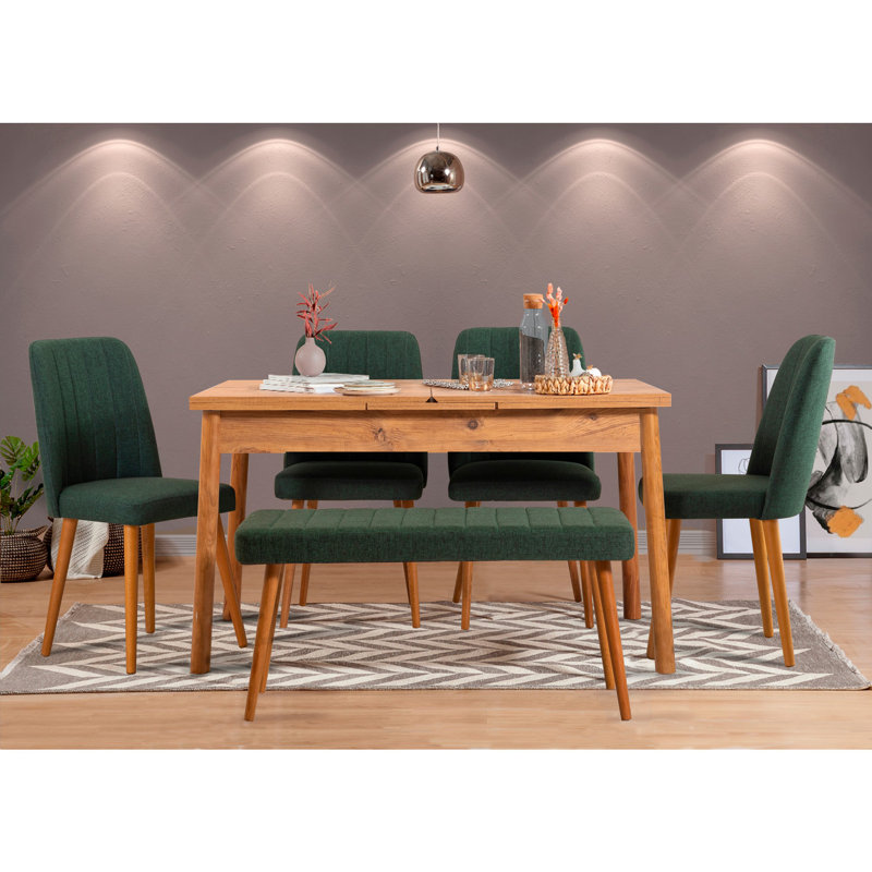 Ensemble de table et chaises de salle à manger extensible Modern (6 pièces) | 100% panneau de particules enduit de mélamine, table: 47,2 po x 29,5 po x 29,5 po, ouverture: 60,2 po x 29,5 po x 29,5 po | 4 chaises en mousse de lin: 18,5 po x 35,4 po, ban