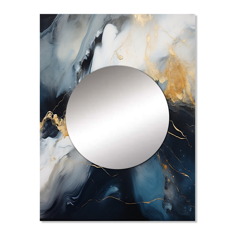 Saater Gold and blue Abstract marble ink I - Marble Decorative Mirror, Gold Large Wall Mirror, Printed Metal Art, 32" x 24"