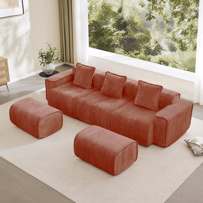 Canapé modulaire modulaire à 3 places en forme de U avec passepoil à bordure française, aucun assemblage requis, canapé 3 places avec coussins décoratifs et 2 repose-pieds mobiles