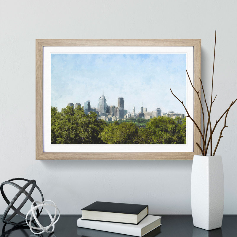Philadelphia Skyline - Picture Frame Graphic Art Print, Oak, 24cm H x 33cm W x 2cm D