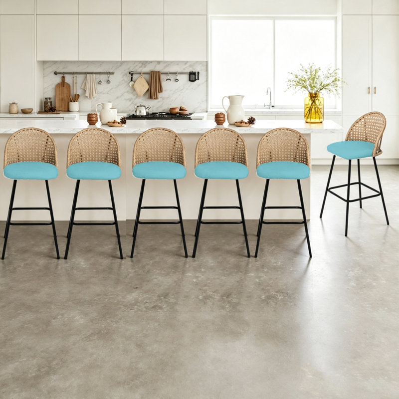 Upholstered and Chenille Bar Stool, Sea Blue/Black, 6