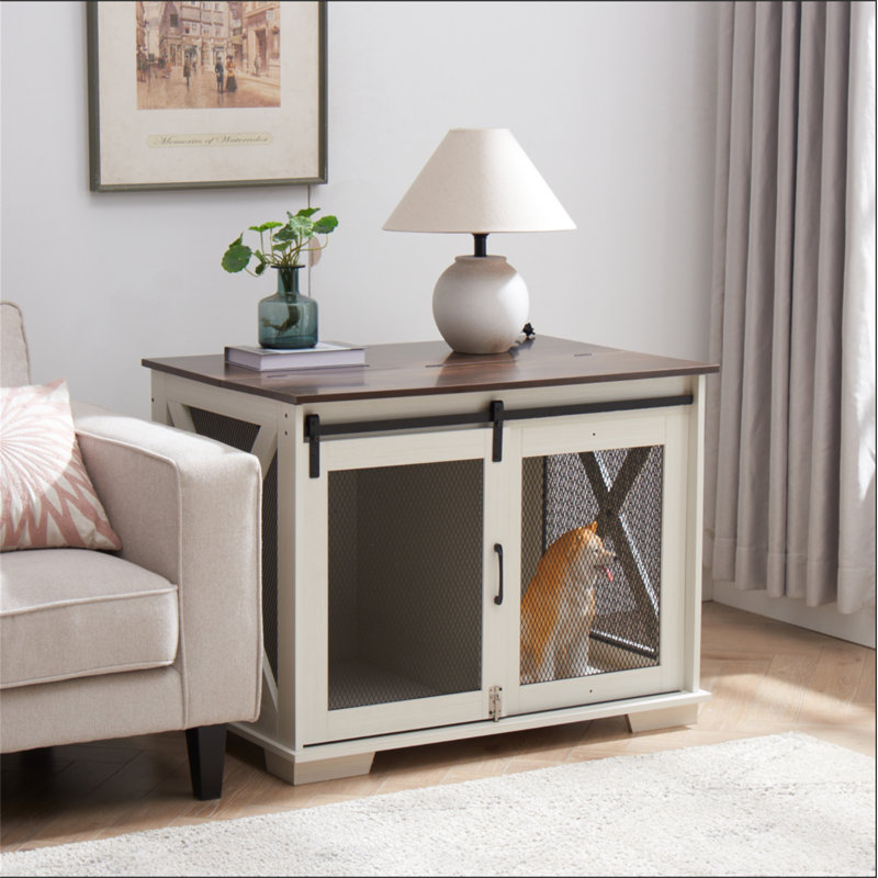 White Medium Farmhouse Dog Crate Table with Metal Mesh