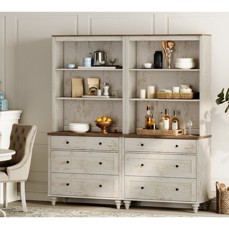 Garde-manger de style Mid-Century moderne avec 6 tiroirs, armoire de rangement de style campagnard avec tablettes réglables pour la cuisine, le salon, la chambre à coucher, blanc rustique