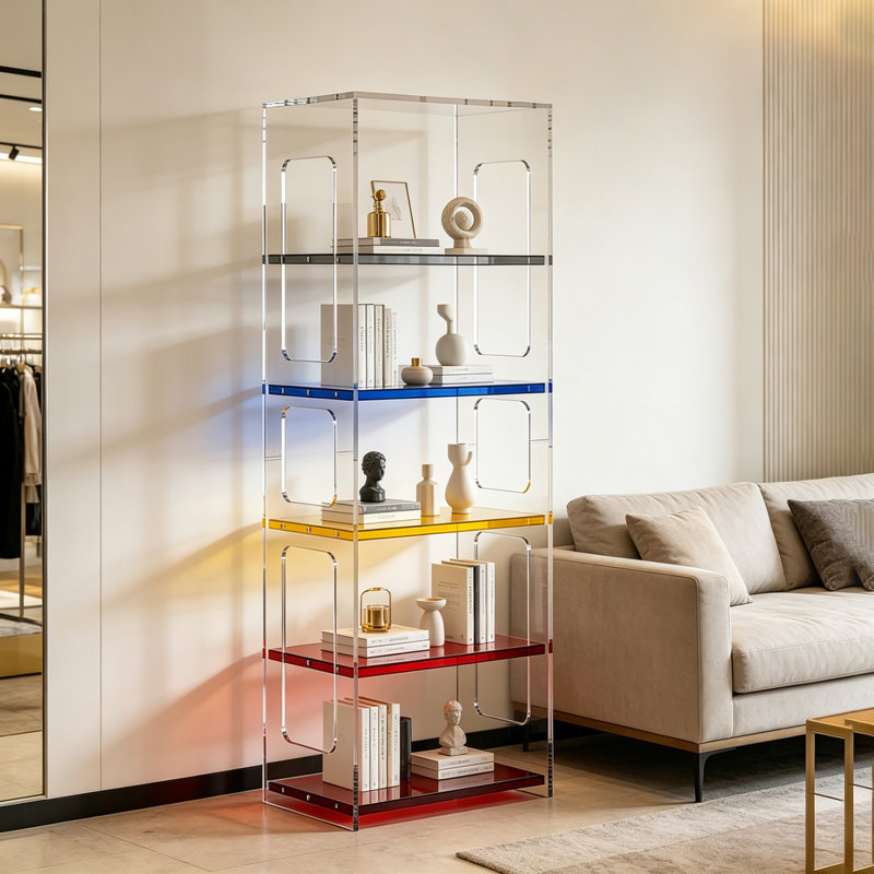 Modern multi-layer acrylic minimalist bookcase, (5 Shelves) 61"H x 31.5"W x 11.81"D