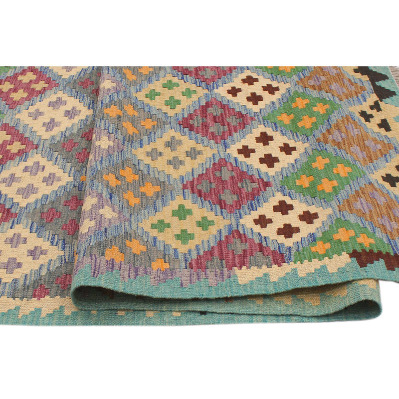 Tapis bleu / beige en laine noué à la main 6 pi 3 po x 7 pi 10 po Cedorah Southwestern