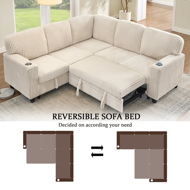 81" L-Shaped Upholstered Chenille Pull Out Sofa Bed Sectional with Underseat Storage & USB Ports, Beige Corduroy
