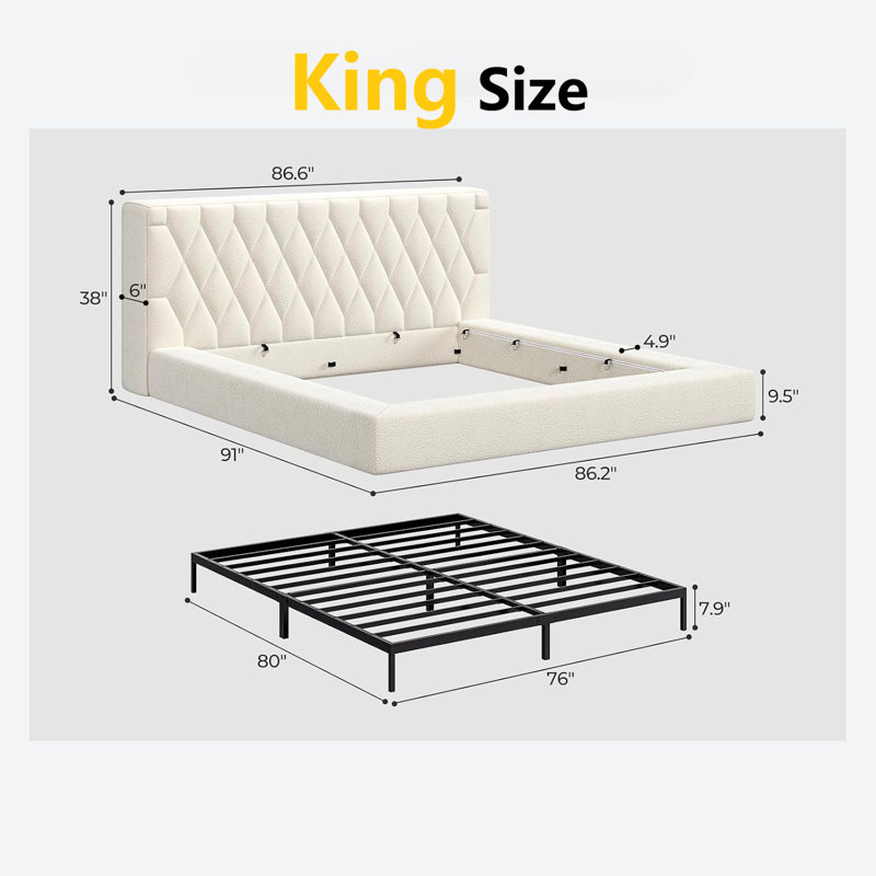 Structure de lit tapissier très grand avec tête de lit de 5,9 po, lit plateforme entièrement rembourré de 4,9 po, coins arrondis doux et silencieux pour la chambre principale / chambre d'amis, assemblage facile en 15 minutes, crème
