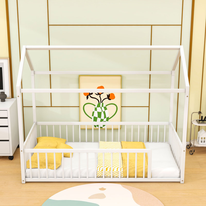 Metal Floor Bed Frame With Fence, Twin, White