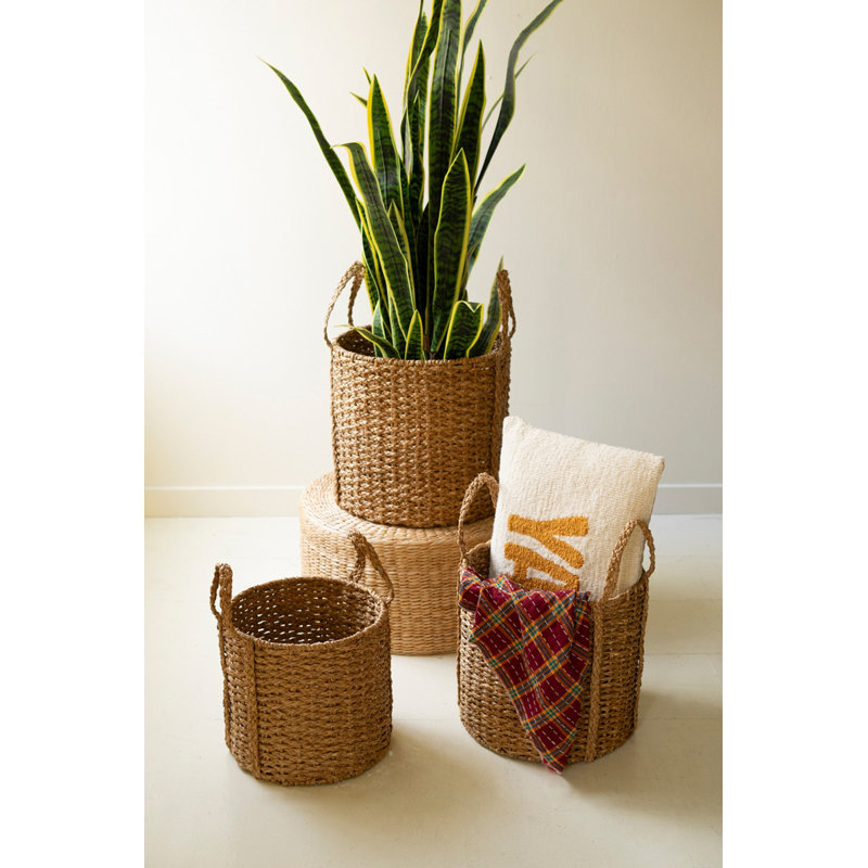  17"H Natural Seagrass Baskets with Handles – Set of 3