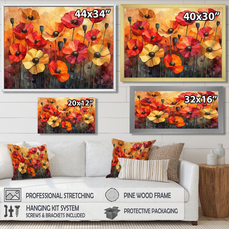«Autumn Dance Of The Fiery Poppies III» - Art mural coquelicots, Cadre simple noir, H 24 po x l 32 po