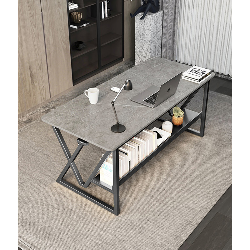 Rectangular Sintered Stone Tabletop Desk, Gray, 29.53" H x 55.12" W x 27.56" D, Black