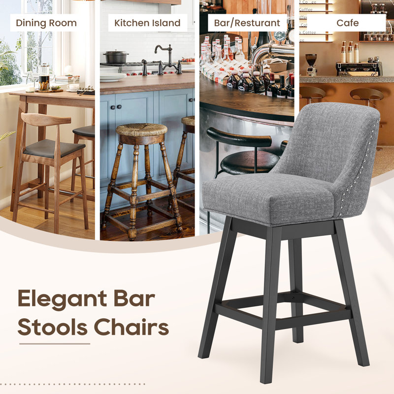 360°Bar Counter Stool with Solid Wood Frame, Light Gray