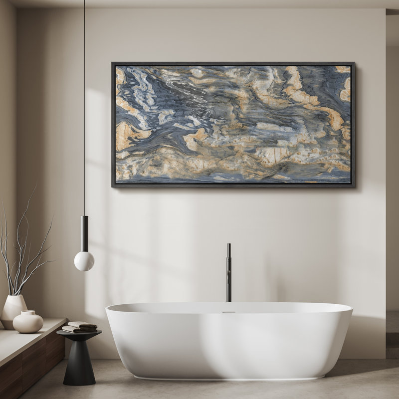 Reproduction d'art moderne sur toile encadrée moderne bleu marine et jaune, H 30 po x l 60 po, Noir, noir, noir, noir