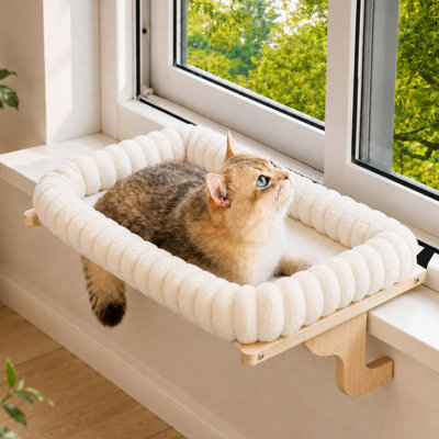 Perchoir de fenêtre pour chat rembourré, structure en bois massif et traversin tout autour, fixation en métal à accrocher