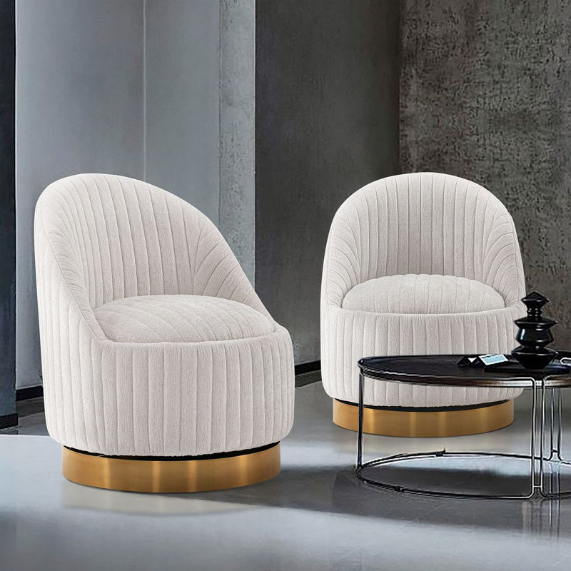 Cream Boucle Swivel Barrel Chairs with Gold Base, Set of 2
