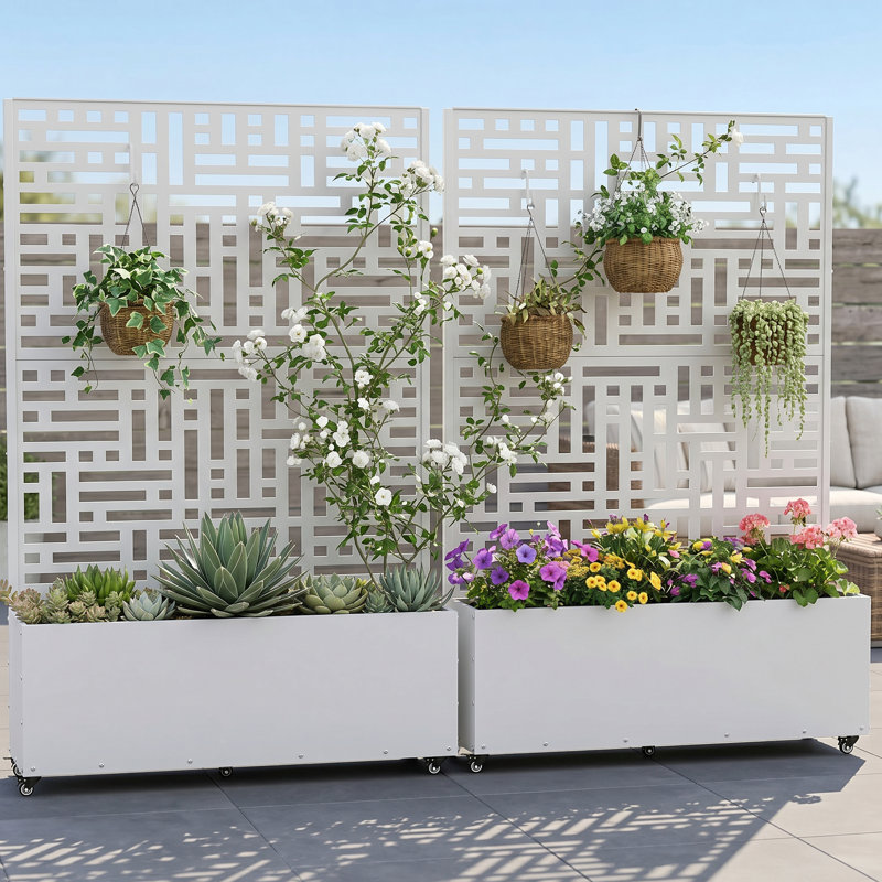 Metal Planter Box with Trellis (Set of 2), White