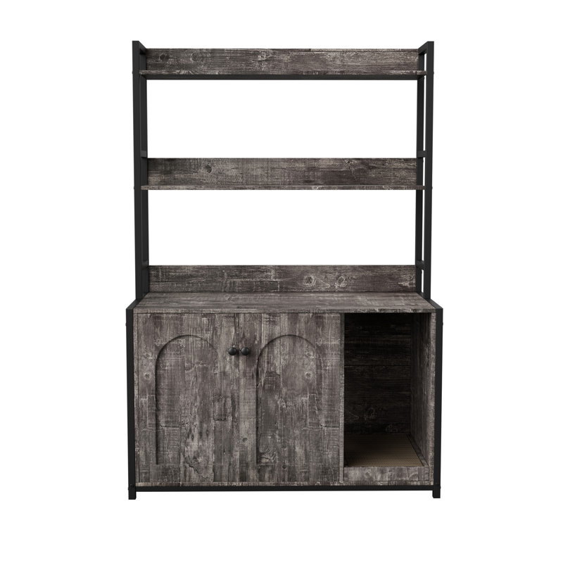 Grande armoire à chat intérieure grise avec rangement pour tablette, portes doubles et bloc-notes, un bac à litière dissimulé intelligent