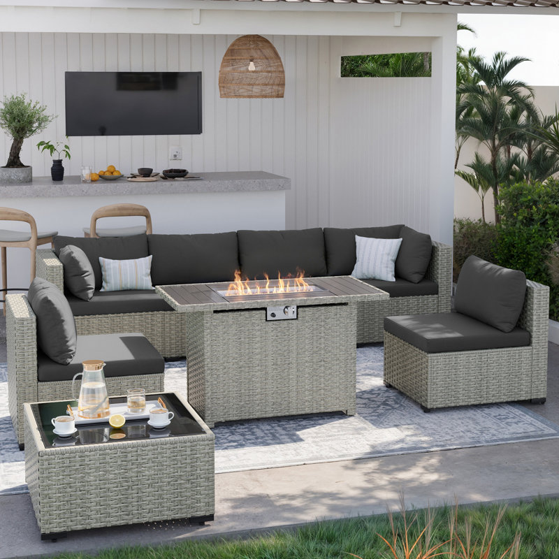 Ensemble de canapé modulaire d'extérieur en osier 8 pièces avec coussins confortables, Black
