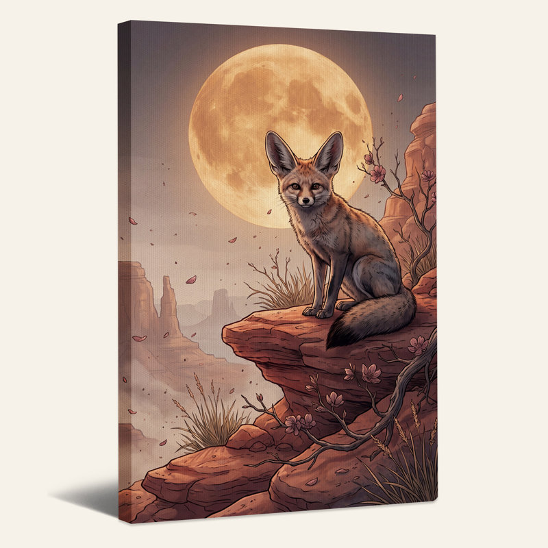 Toile murale d'Halloween représentant un renard assis sur un rebord rocheux rouge sous la pleine lune, H 48 po x l 36 po