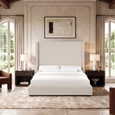 Hampton Modern Upholstered Platform Bed Frame with 62" Tall Headboard/Extra Wide Panel Design/Seamless Side Panels/Canvas Fabric Upholstery/Solid Rubberwood Legs/No Box Spring Needed/King