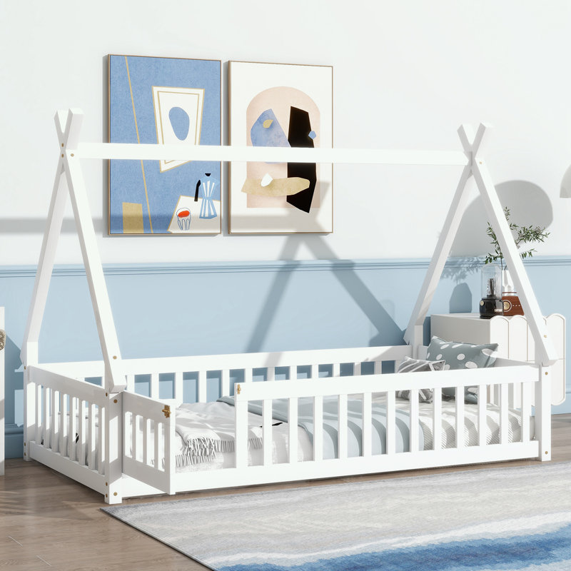 Lit simple en forme de tente avec garde-corps et porte, Simple, Blanc