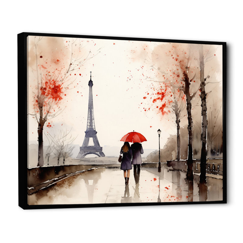 «Paris Eiffel Tower Passion», aquarelle rétro sur toile, H 34 po x l 44 po, Cadre flottant noir