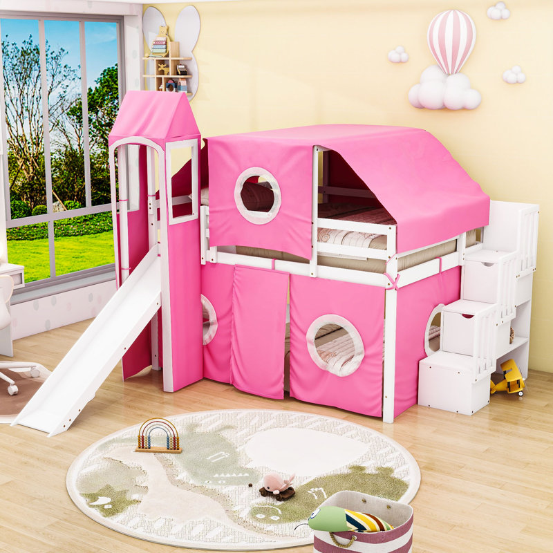 Wood Loft Bed with Tent, Tower and Storage Staircase, Full, Pink