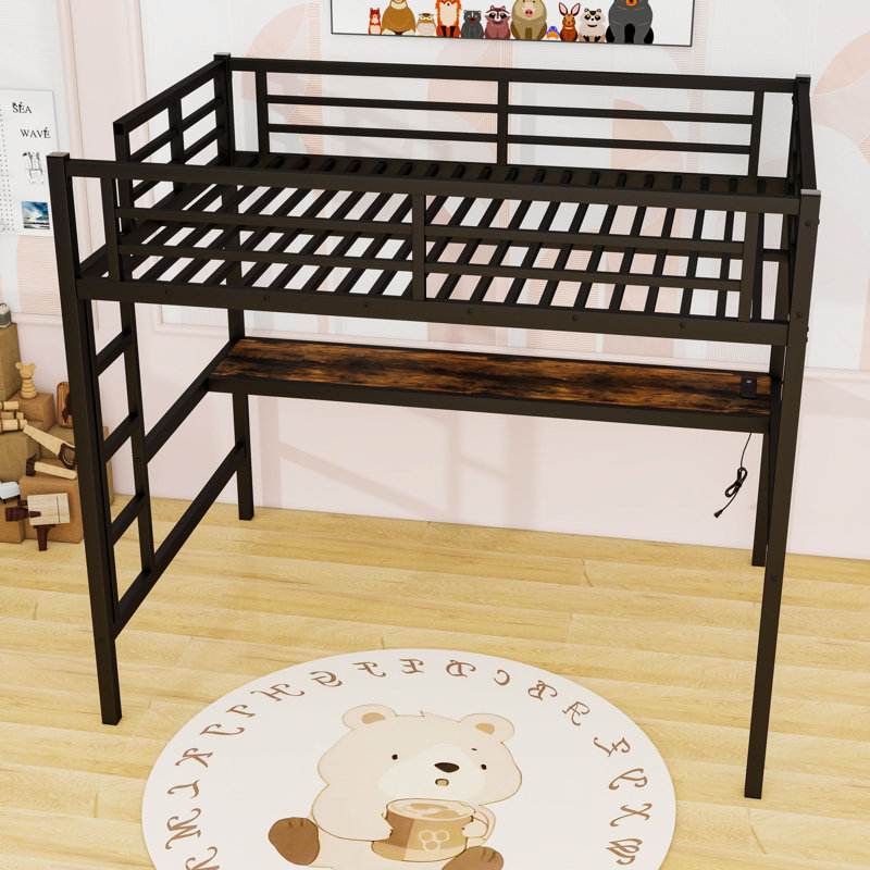 Metal Loft Bed With Built-In LED Light, USB Charging Station And Desk, Full