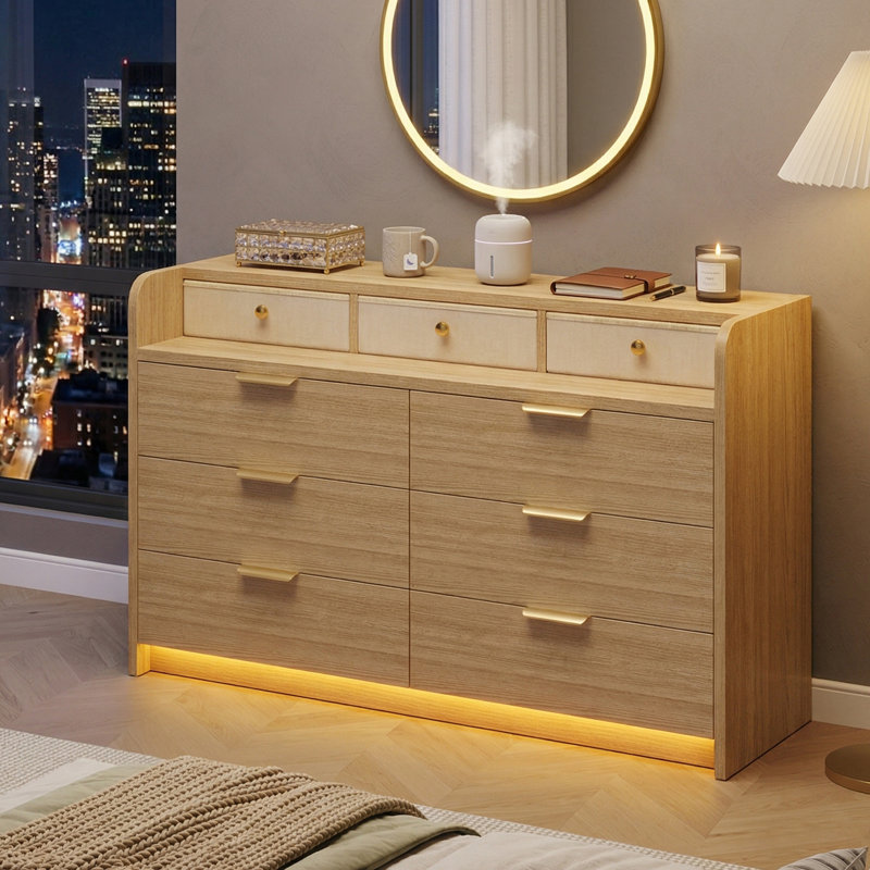 6-Drawer Dresser with RGB LED Lights & Charging Station, White Linen Texture Chest of Drawers, Natural Wood