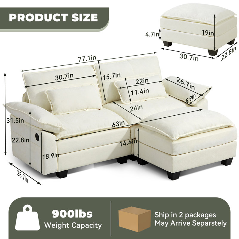 Canapé modulaire 77,1 po avec USB, chenille, profondeur 24 po, Chenille blanche