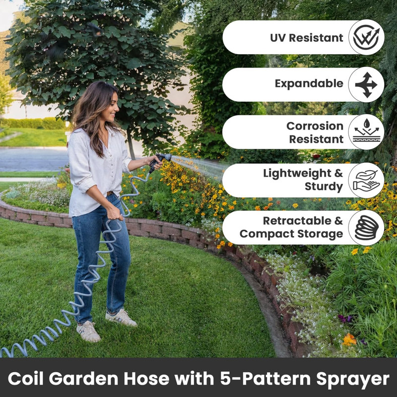 Garden Coil Hose Reel Expandable Garden Coil Hose Pipe 5 Function Spray Gun, 15M