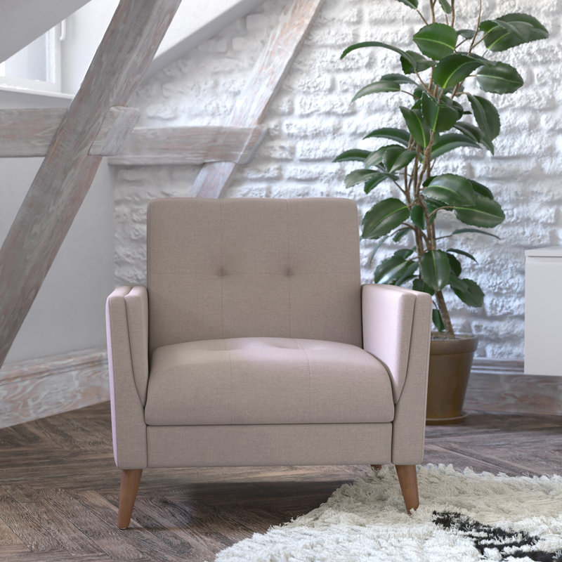 Chaise rembourrée Mid-Century avec pieds en bois, Faux lin beige