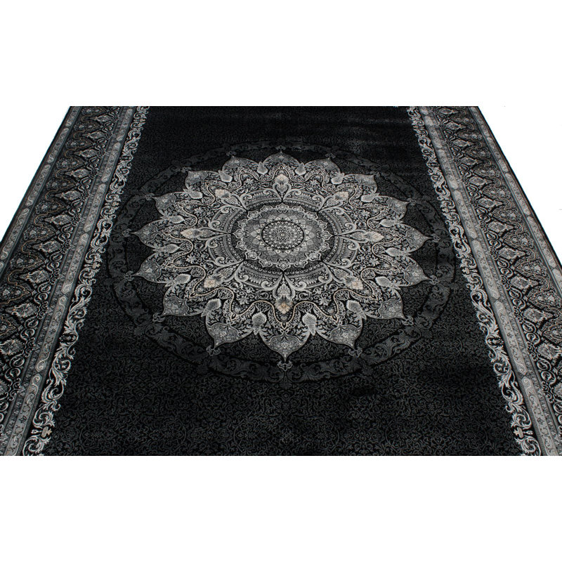 Tapis turc noir et ivoire Antep, Rectangle 6 pi 7 po x 9 pi 6 po