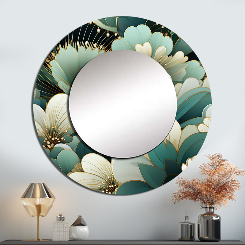 Rondee Damask Green Art Decor Pattern - damask  Decorative Mirror, Boho Round Wall Mirror, Printed Metal Art, 29" x 29"