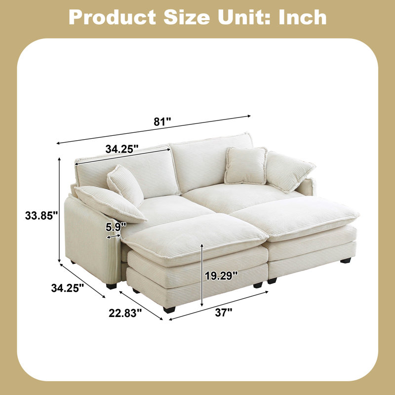 Chaise longue rembourrée Mavyn, Velours côtelé beige