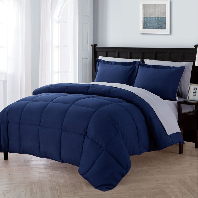 Lincoln Polyester Comforter, King Comforter + 5 Additional Pieces, Navy Blue with Light Gray