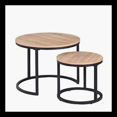 24" Round Nesting Accent Coffee Table – Natural Oak Wood Finish, Space-Saving Design, Modern Industrial Style