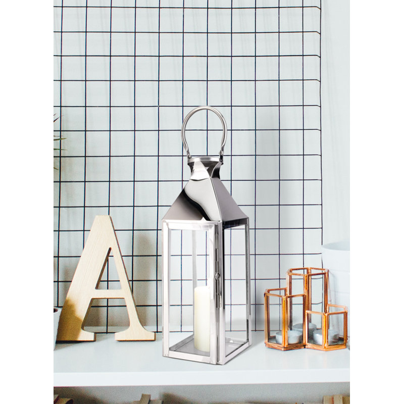 Metal Tabletop Lantern, Silver, 16.50" H x 6" W x 6" D