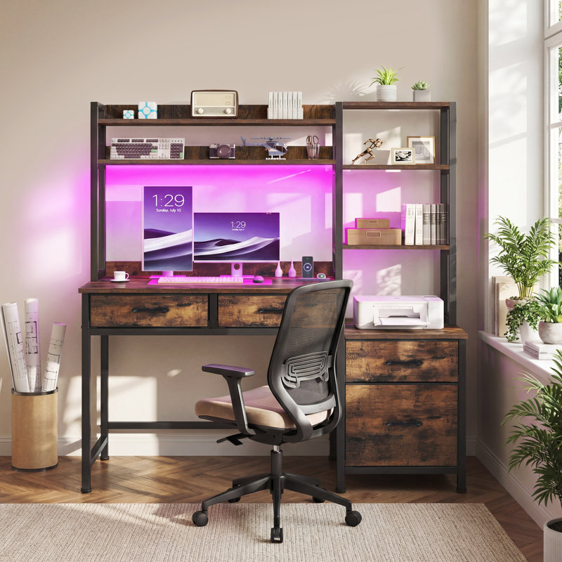  4-Drawer Computer Desk With LED Lights & Power Outlets, Brown, 150cm H x 128cm W x 50cm D