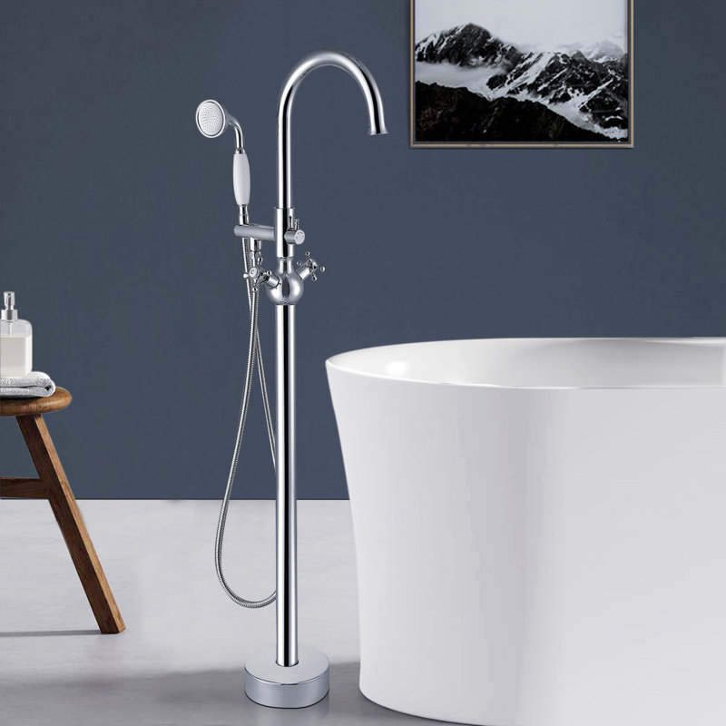 Robinet de baignoire à fixation au sol à triple poignée avec douchette, Chrome