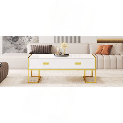 Table basse moderne moderne avec 4 tiroirs et base dorée de 47,3 po