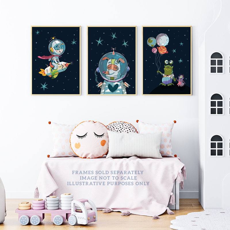 Astronaut Boy Bedroom Pet Dog And Aliens Fun Space - 3 Piece No Frame Print Set, 29.7cm H x 21cm W x 0.4cm D