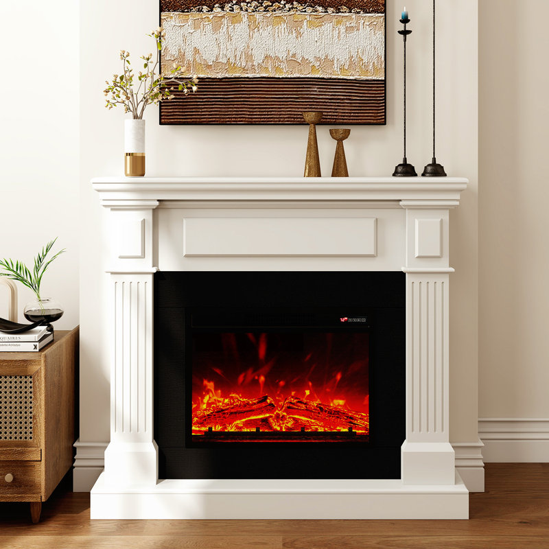 Foyer électrique avec manteau de cheminée, foyer artificiel 1400 W, flamme 3D très réaliste, température réglable, avec minuterie