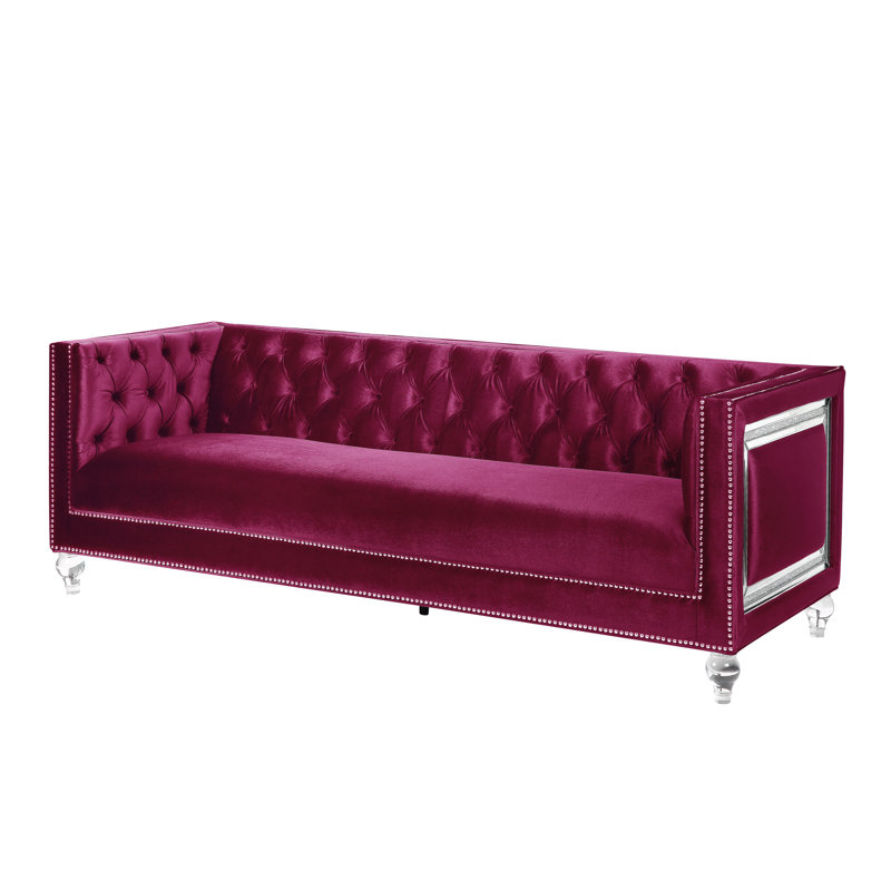 Zilla Upholstered Sofa with 2 Pillows in Burgundy, Pink Velvet