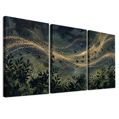 Ensemble de 3 toiles murales représentant un vol d'oiseaux sur fond d'étoiles dorées et de feuillages sombres