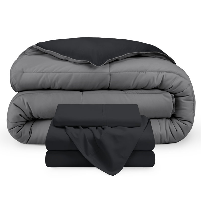 Microfiber Reversible Bed-In-A-Bag, Twin Extra Long Comforter + 1 Pillowcase, Grey/Light Grey, Black