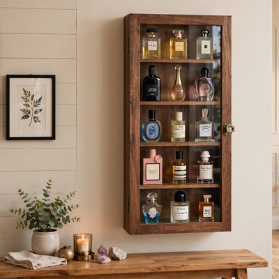 Wooden Wall Mounted Display Case with Glass Door, 5 Shelf Collectible Storage Cabinet