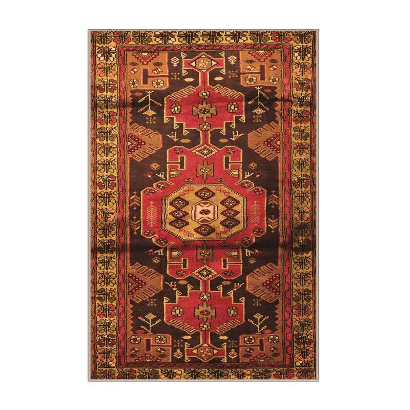 Tapis en laine / polyester tissé à la machine Southwestern en rouge / noir / beige, Rectangle 5 pi x 7 pi