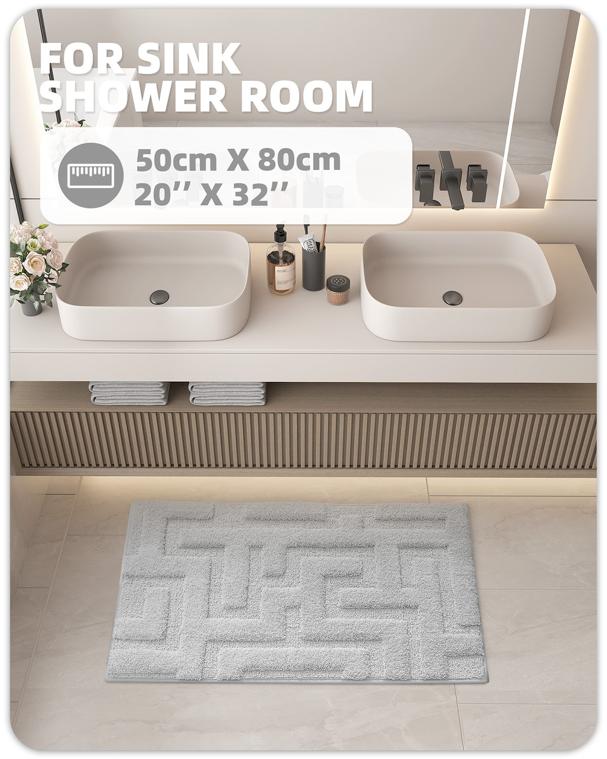 Non-Slip Bath Rug, 20" L x 32" W, Gray